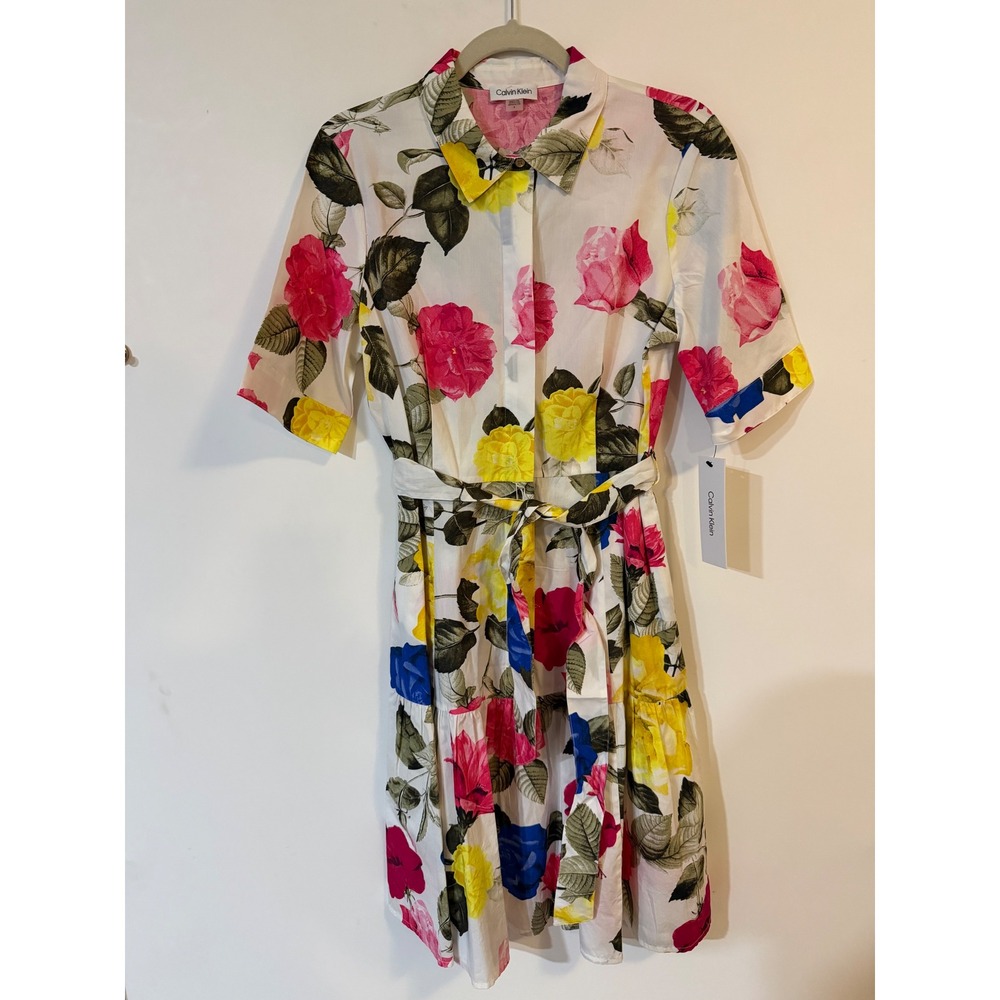 NWT Callvin Klein Womens Floral Cotton Shirt Dress Pink Yellow Blue Size 8